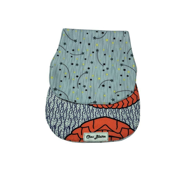 Chez Blaire African Print Burp Cloth - Grey with stars backing - soft and plush for baby spit up and burping newborn - folded over